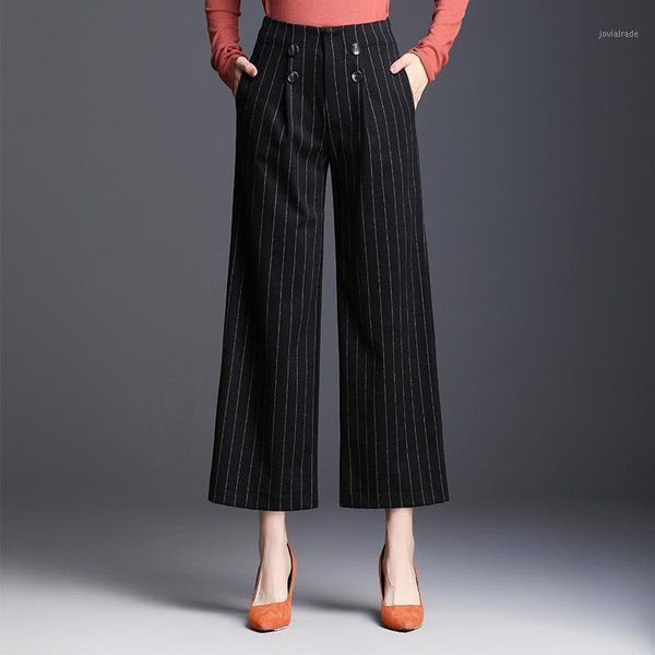 

women's pants & capris stripe straight autumn women high waist loose casual wide leg suit office lady elegant chic plus size trousers1, Black;white