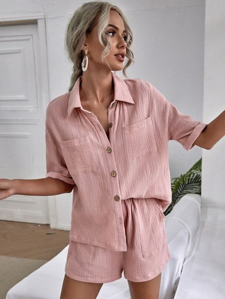 

drop shoulder dual pocket blouse & shorts g7zh#, White