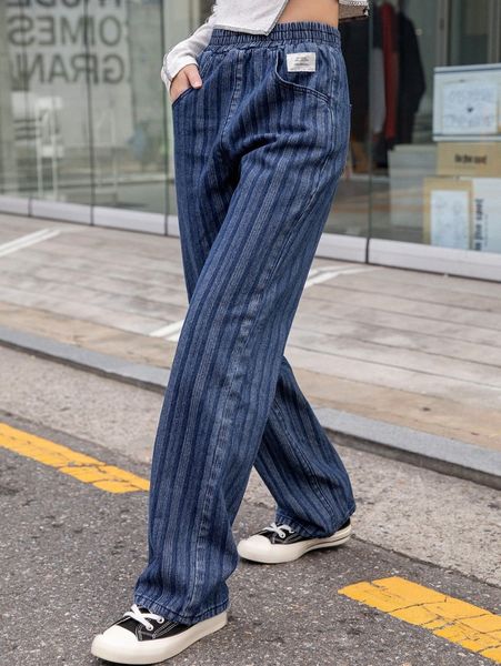 

dazy high waist striped letter patched detail straight leg jeans i7xu#, Blue