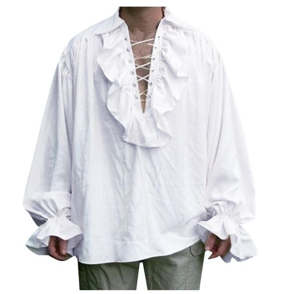 

retro men's shirt, ruffle lace up v neck long sleeve solid color cosplay prince drama stage costume, White;black