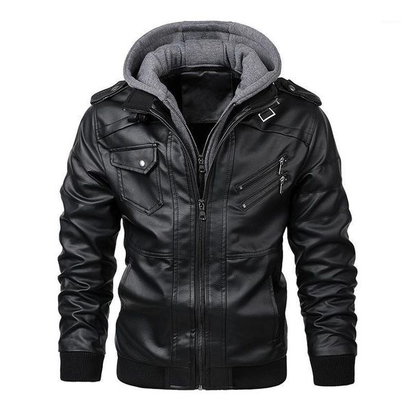 

men's faux leather motorcycle jacket with removable hood winter jackets for men chaqueta hombre1, Black