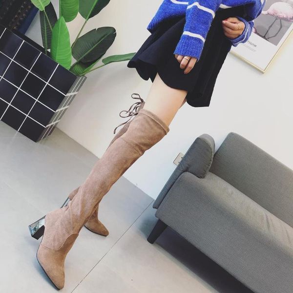 

elastic band square heel high women over-the-knee boots pointed toe long boots solid fashion winter shoes1, Black