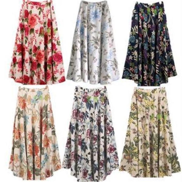 

women's linen skirt loose long skirt bohemian print flower skirt, Black