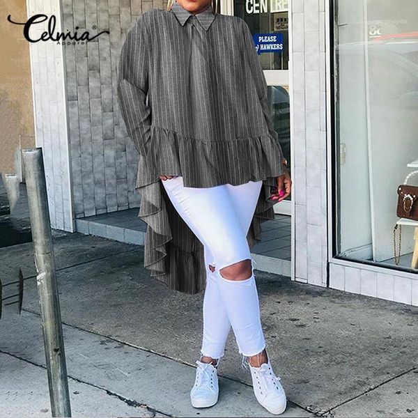 

celmia casual ruffled long shirts women's patchwork striped blouse fashion back button autumn long sleeve lapel blusas plus size1, White