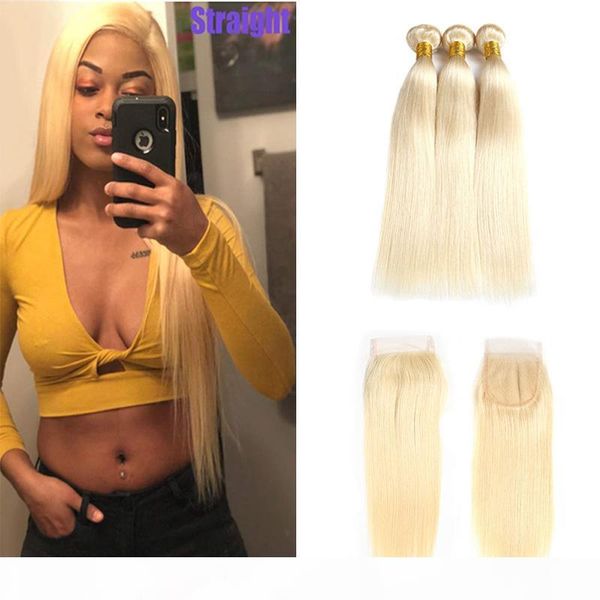 

new arrive raw brazilian virgin hair 3 bundles with closure 613# honey blonde straight 100% human hair weaves extensions with closure, Black;brown