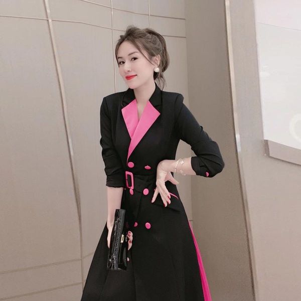 

women's windbreaker women's fall 2020 new style young age contrast color suit collar long sleeve slim windbreaker coat, Tan;black