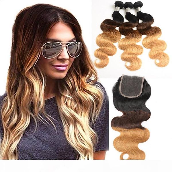 

malaysian human hair body wave 1b 4 27 ombre hair 3 bundles with 4x4 lace closure baby hair extensions 1b 4 27 body wave 10-28inch, Black;brown