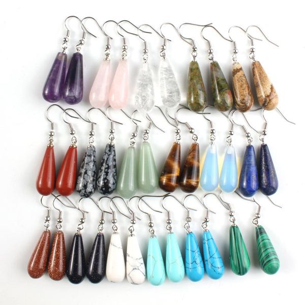 

xsm teardrop shaped stone ear hook dangle earring natural amethysts rose quartzs water drop earrings anniversary jewelry gift, Silver