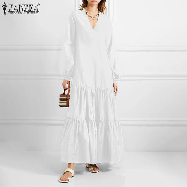 

zanzea elegant v neck long puff sleeve stylish sundress women spring dresses robe solid party dress ruffles long vestidos femme, Black;gray