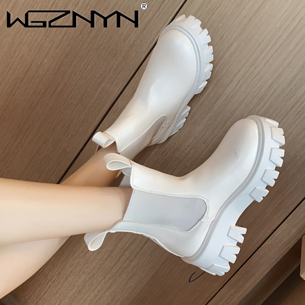 

ankle boots for women autumn motorcycle boots thick heel platform shoes woman slip on round toe fashion martin boot, Red;white