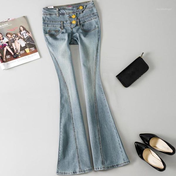 

plus size 25-322020 spring new single-breasted high waist side zipper fashion women big flare jeans1, Blue