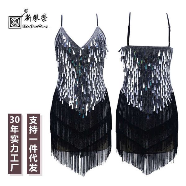 

slim deessv neck annual party sequin tassel latin dance platform dress, Black;gray
