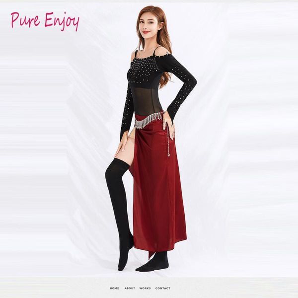 

2020 women belly professional silver line net yarn long skirt set belly dance dance set for girls oriental costume1, Black;red