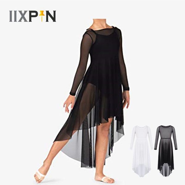 

iixpin girls ballet dress mesh long sleeve dance dress high-low hem for girl celebration spirit praise lyrical dance, Black;red