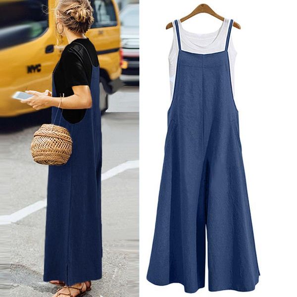 

jumpsuits for women cotton wide leg pants overalls female playsuit spaghetti straps pockets rompers dungarees plus size 3xl 5xl, Black;white