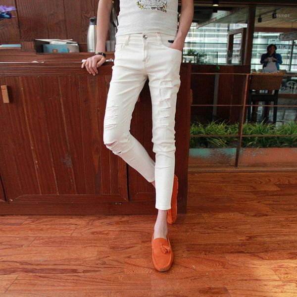 

fashion 2020 summer black white mens distressed beggar ripped hole skinny jeans men boys hip hop cowboy ankle-length pants1, Blue