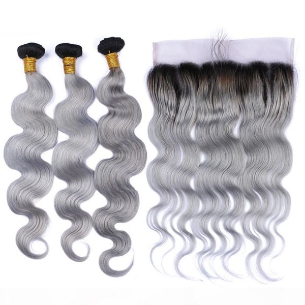 

black and silver grey ombre malaysian virgin human hair wefts with frontal body wave #1b grey ombre 13x4 lace frontal closure with 3bundles, Black;brown