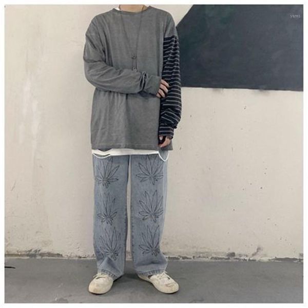 

oversized jeans men blue cargo pants fashion retro baggy high street jeans harajuku casual leaf print pant streetwear males1, Black
