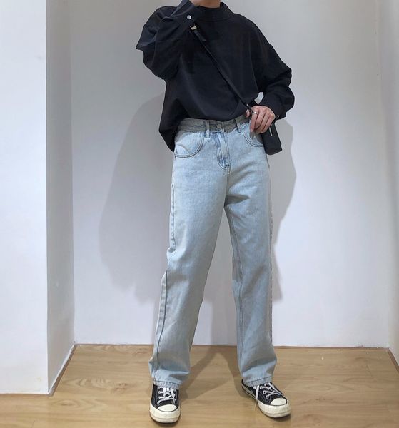 

ictxn nirben pantscasual джинсы мужские синие свободные прямые брюки светлые джинсы корейский стиль универсален модные брюки случайные knaog, Blue