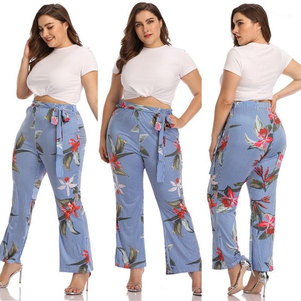 

whzhm autumn plus size 3xl 4xl sashes pants women flower printed high waist striped floral spring casual boot cut pants ladies1, Black;white