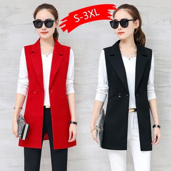 Primavera Autunno Giacca senza maniche Abito lungo Gilet Donna Slim Blazer Gilet Cappotto Gilet Office Lady Elegante Nero Rosso Blu 201027