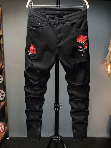 

men rose embroidery distressed tapered jeans m6gp#, Blue