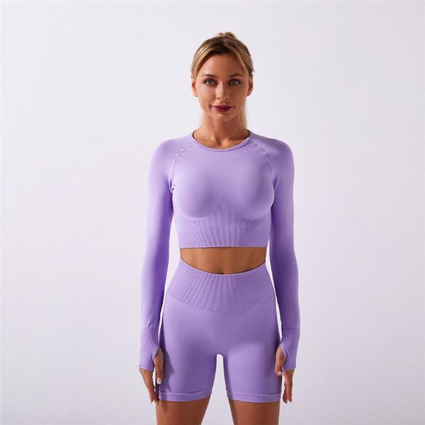 

yoga outfits 2pcs women seamless sports suits long sleeve crop short set fitness high waist leggings running shorts and bra a019, White;red