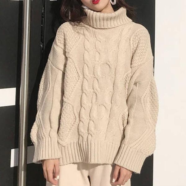 

women's sweaters women pullover high neck sweater fashion twist solid color thicken slim loose casual knit autumn outwear, White;black