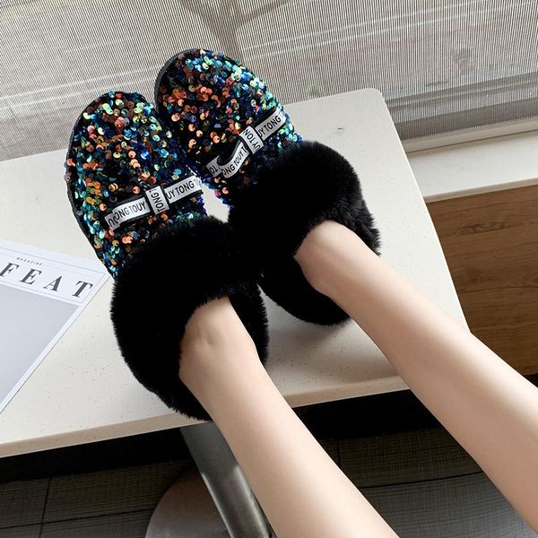 

2020 new design women flat boots antiskid outsole lady snow boots blingbling fashion faux fur shoes for winter plus size 41, Black