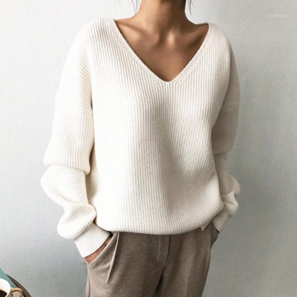 

women fashion v-neck warm pullovers long sleeve loose jumpers autumn winter casual solid basic knitted sweater plus size1, White;black