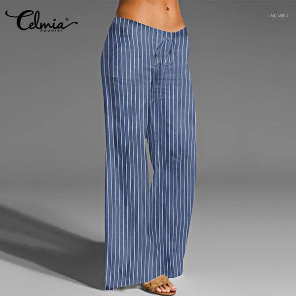 

s-5xl celmia oversized striped trousers women vintage linen wide leg pant casual elastic waist loose long palazzo pantalon femme1, Black;white