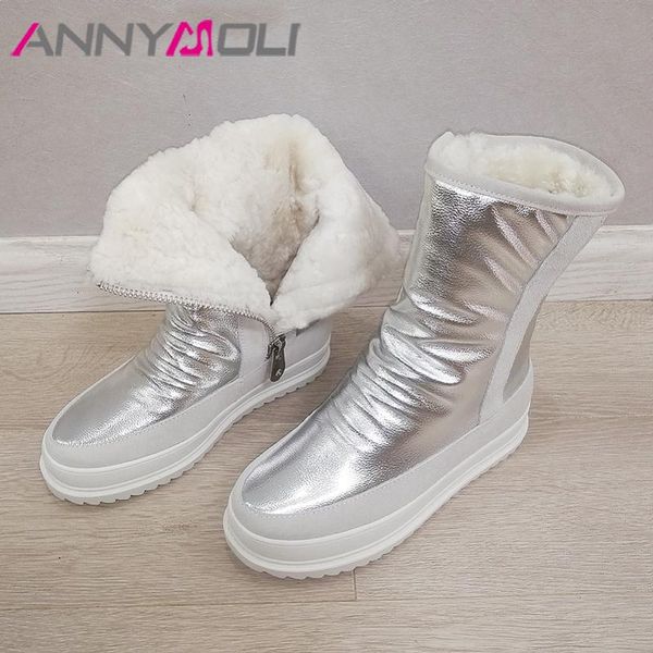 

annymoli genuine leather flat platform mid calf boots snow boots women shoes zip real wool ladies black white winter 40