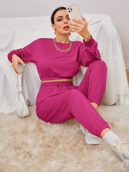 

letter embroidery drop shoulder crop sweatshirt & sweatpants r01b#, White