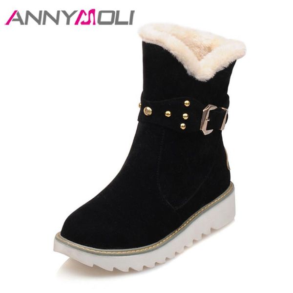 

annymoli winter boots women snow boots plush platform wedge ankle buckle round toe female short shoes warm big size 33-43, Black