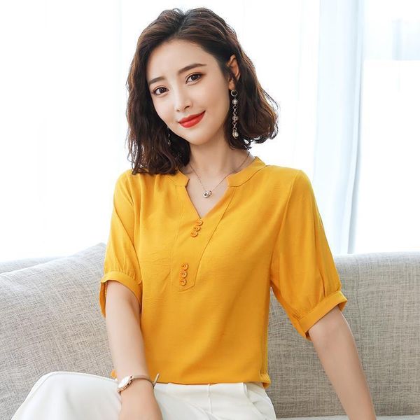 

women spring summer style chiffon blouses shirts lady casual short sleeve v-neck slim chiffon blusas zz04141, White
