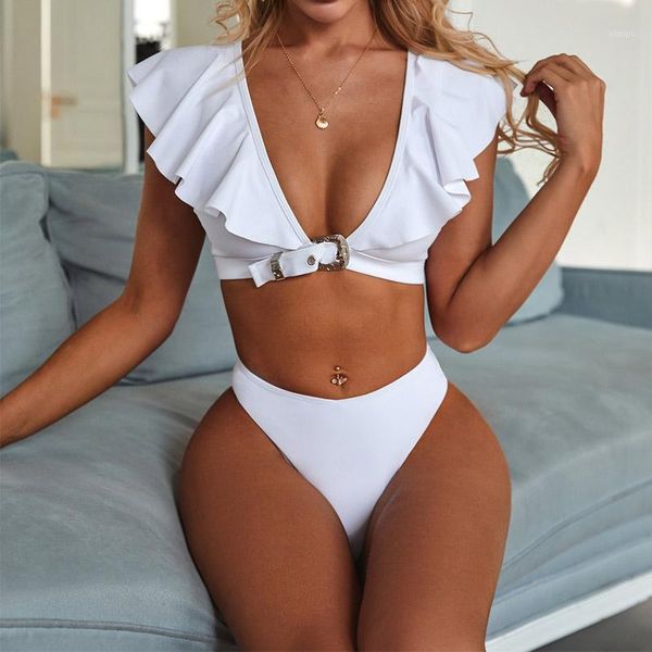 

2020 summer swimwear women special metal buckle ruffled v-neck bikini set beach bathing suit thong brazilian biquini1, White;black