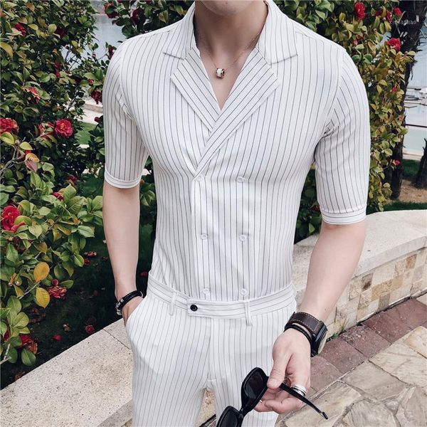 

camisa masculina double breasted white shirts mens smart stripe shirts mens summer slim fit 2021 conjunto social1, White;black
