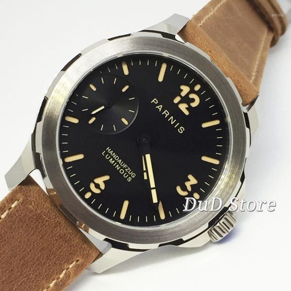 

44mm men's business watch steel case sapphire glass black dial orange marks 6497 winding movement mens1, Slivery;brown