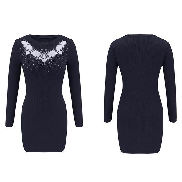 

diamonds party club mini dress mesh perspective female dress women autunmn winter stretch ribbed knitted bodycon robe gv557, Black;gray