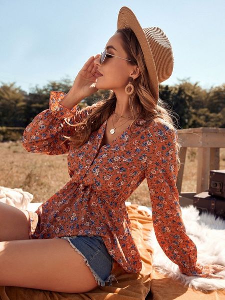 

floral print flounce sleeve overlap collar peplum hem blouse 26t1#, White