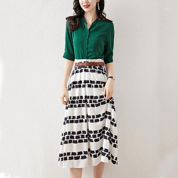 

office lady summer 2 pieces set elegant fashion half sleeve green women blouse+print a-line long skirt two-piece sets sashes1, White