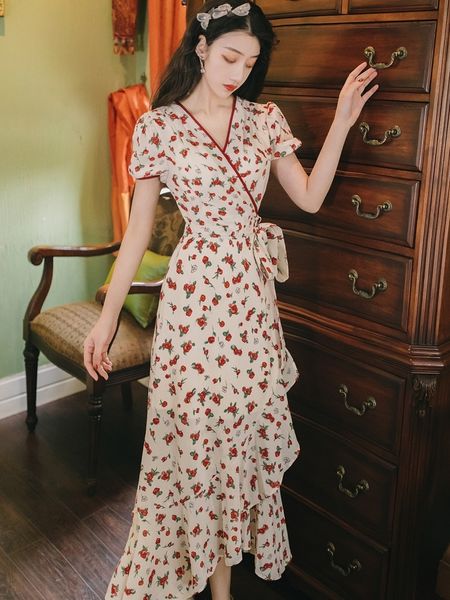 

uxjkh french super fairy floral dress 2020 summer new dress over-the-knee split holiday beach skirt beach skirt popular m8pag, Black;gray