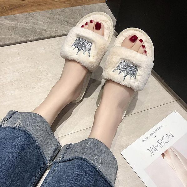 

slippers women 2021 womens fur winter shoes big size home slipper plush pantufa indoor warm fluffy cotton, Black