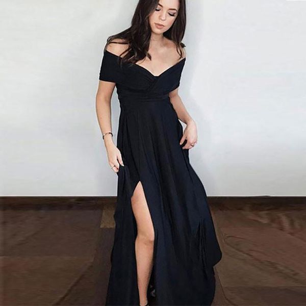 

new prom dresses elegant off the shoulder v-neck long evening dresses party dress with slit a-line chiffon black prom gowns l67, Black;red