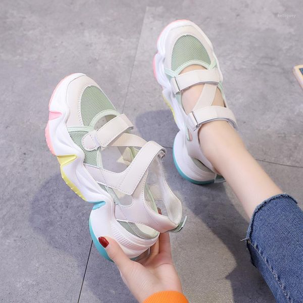 

trendy rainbow sole hollow sandals women mesh breathable sports sandals summer thick sole platform shoes women beige green1, Black