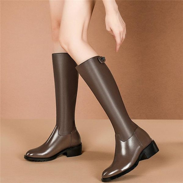 

thigh high oxfords shoes women genuine leather low heel knee high boots female winter warm round toe long shaft platform pumps, Black