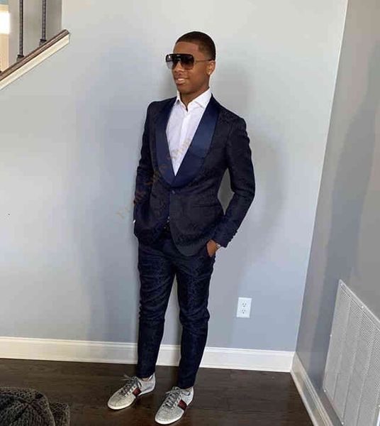 

men's suits & blazers navy blue jacquard set slim fit groom tuxedo for wedding dinner tailored personal size blazer pants 5l64, White;black