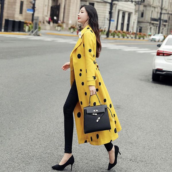 

2021 spring autumn women trench coat double breasted europe america fashion polka dot long windbreaker office lady outwear d162, Tan;black