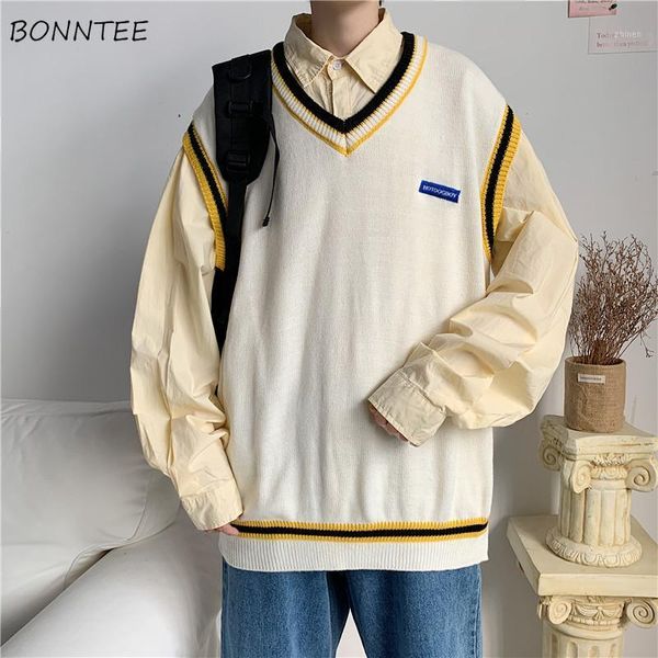 

sweater vest men letter-embroidery dk japanese-style flesh leisure loose students sleeveless sweaters male knitted fashion chic1, Black;white