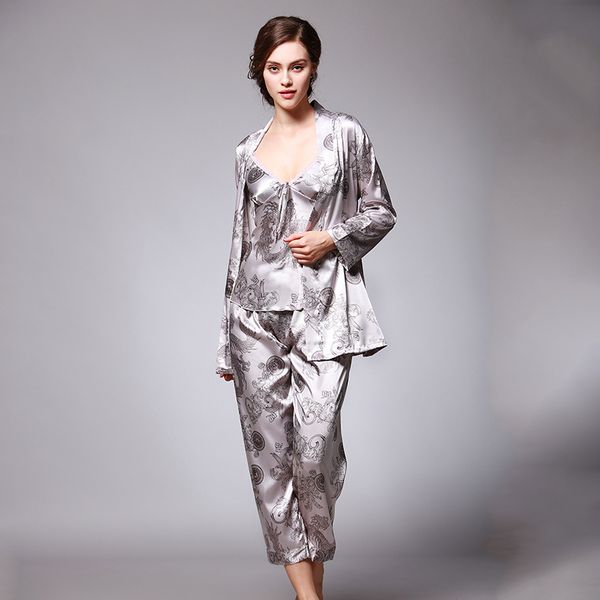 

2021 new autumn spring silk pyjamas sets for women printing plus size female sleepwear v neck long sleeve ladies pyjama tie0, Black;red